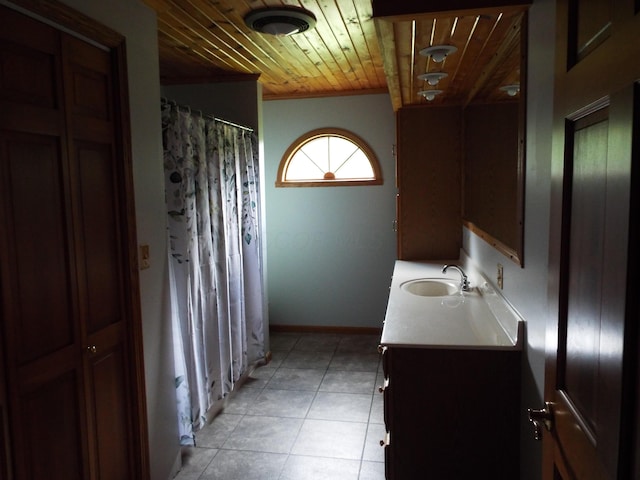 1110 Burr Oak Blvd, Nelsonville, OH 45764 - full bathroom featuring wood ceiling, vanity, tile patterned flooring, and a shower with shower curtain