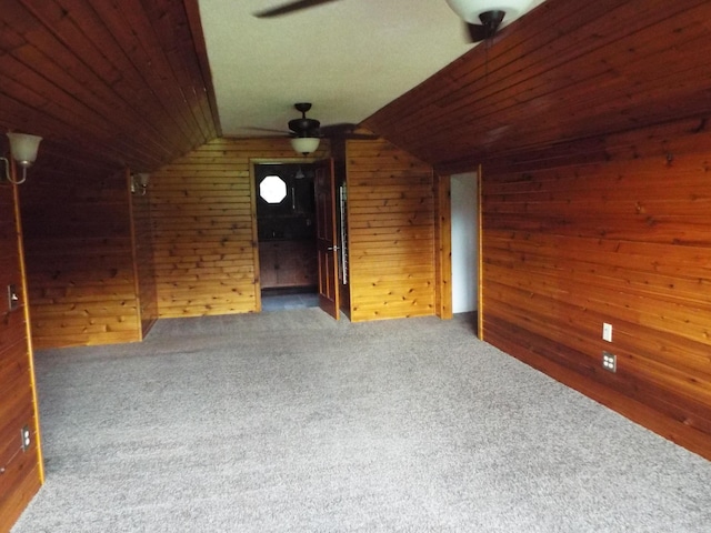 1110 Burr Oak Blvd, Nelsonville, OH 45764 - empty room with wooden walls, carpet floors, lofted ceiling, and a ceiling fan