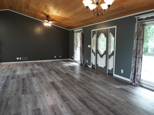 1110 Burr Oak Blvd, Nelsonville, OH 45764 - entrance foyer featuring wooden ceiling, a chandelier, ceiling fan, dark wood-style floors, and lofted ceiling