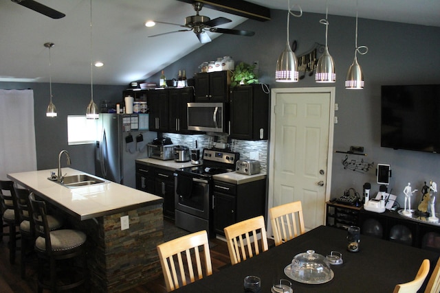 1261 Elm Park Pl, Galloway, OH 43119 - kitchen featuring appliances with stainless steel finishes, ceiling fan, dark cabinetry, and a kitchen island with sink