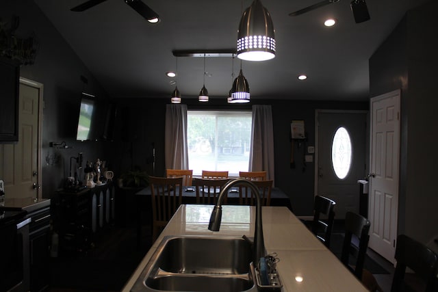 1261 Elm Park Pl, Galloway, OH 43119 - kitchen featuring a ceiling fan, black electric range oven, recessed lighting, lofted ceiling, and light countertops