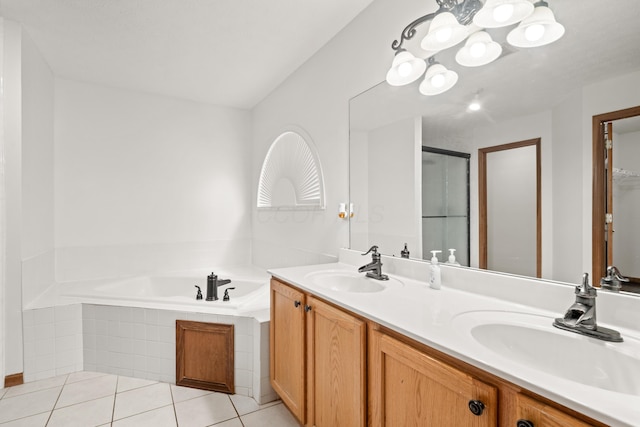 1296 Blacksmith Dr, Westerville, OH 43081 - bathroom with a bath, tile patterned flooring, double vanity, a stall shower, and a chandelier