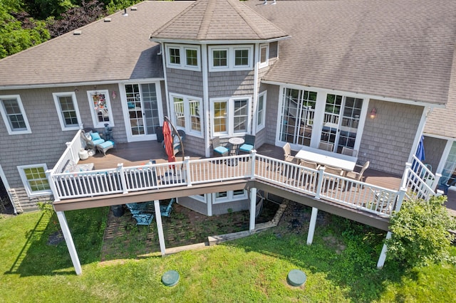 170 Joy Ln, Granville, OH 43023 - rear view of house featuring a shingled roof, a wooden deck, a lawn, and an outdoor living space