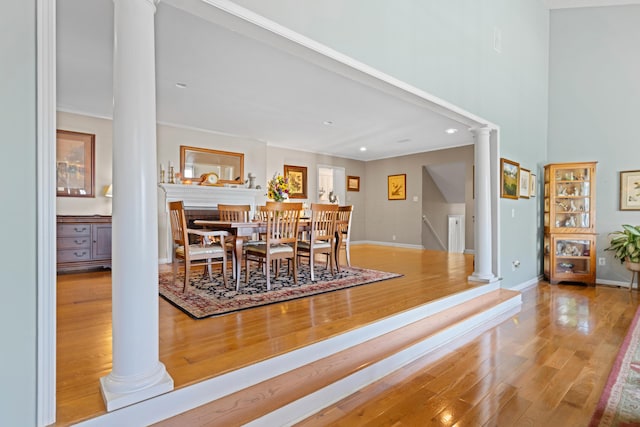 170 Joy Ln, Granville, OH 43023 - dining room with ornate columns, wood finished floors, and recessed lighting