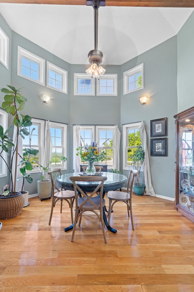 170 Joy Ln, Granville, OH 43023 - dining room featuring a high ceiling, light wood-style floors, ceiling fan, and healthy amount of natural light