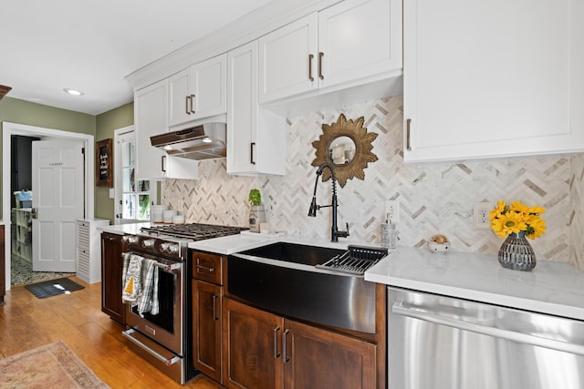 170 Joy Ln, Granville, OH 43023 - kitchen with appliances with stainless steel finishes, under cabinet range hood, light wood-style flooring, tasteful backsplash, and white cabinets