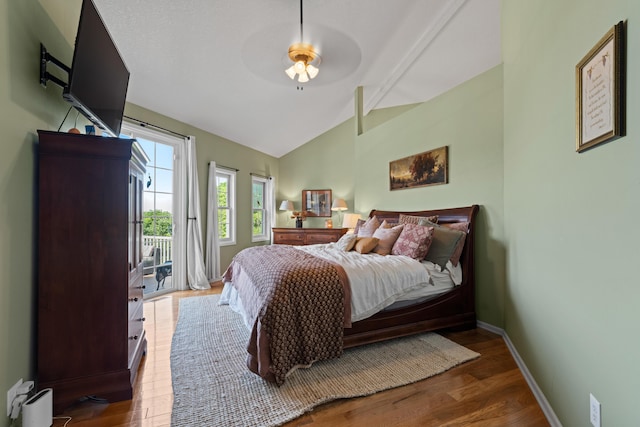 170 Joy Ln, Granville, OH 43023 - bedroom with access to outside, vaulted ceiling, wood finished floors, and a ceiling fan