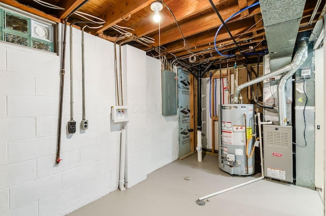 5309 Sundale Pl S, Columbus, OH 43232 - unfinished below grade area featuring water heater, electric panel, heating unit, and concrete block wall