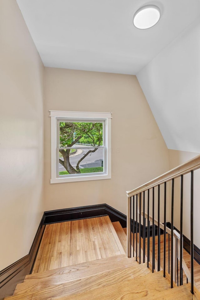 992 N Nelson Rd, Columbus, OH 43219 - stairway with wood finished floors and vaulted ceiling