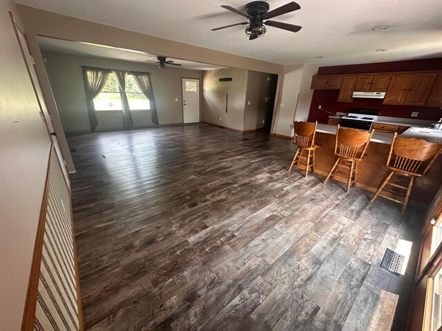 477 Greenlawn Dr, Howard, OH 43028 - kitchen with ceiling fan, under cabinet range hood, dark wood-style floors, a kitchen breakfast bar, and gas range