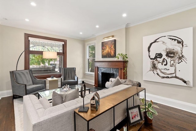 249 E Whittier St, Columbus, OH 43206 - living area featuring wood finished floors, recessed lighting, a high end fireplace, and ornamental molding