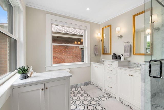 249 E Whittier St, Columbus, OH 43206 - bathroom featuring double vanity, ornamental molding, and recessed lighting