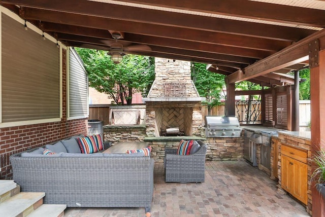 249 E Whittier St, Columbus, OH 43206 - view of patio featuring an outdoor kitchen, an outdoor living space with a fireplace, and ceiling fan