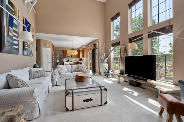 5650 Tynecastle Loop, Dublin, OH 43016 - living room featuring a towering ceiling and light colored carpet