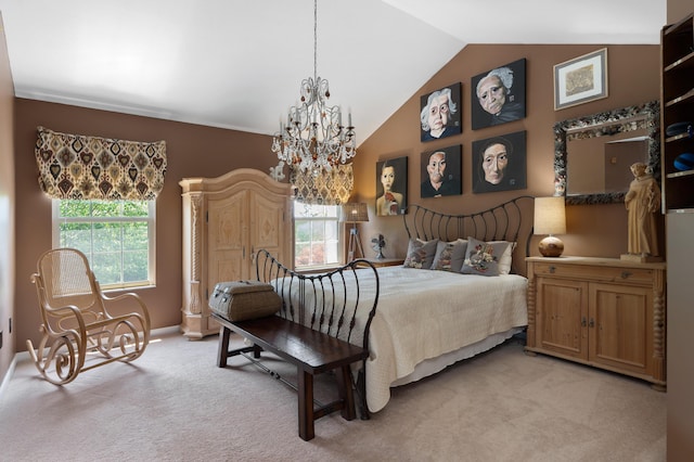 5650 Tynecastle Loop, Dublin, OH 43016 - bedroom with vaulted ceiling, light colored carpet, and a chandelier