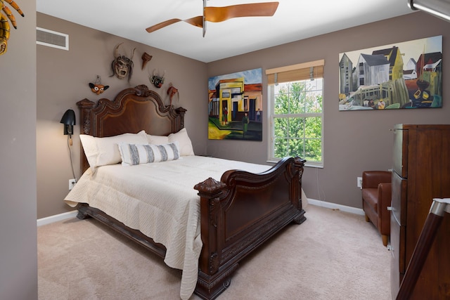 5650 Tynecastle Loop, Dublin, OH 43016 - bedroom featuring light carpet, a ceiling fan, and fridge