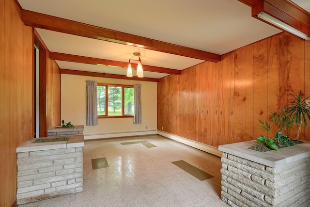 3180 Sitterley Rd NW, Canal Winchester, OH 43110 - unfurnished room featuring baseboard heating, beam ceiling, wood walls, tile patterned floors, and a baseboard heating unit