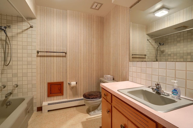 3180 Sitterley Rd NW, Canal Winchester, OH 43110 - bathroom with baseboard heating, vanity, shower / tub combination, wallpapered walls, and decorative backsplash