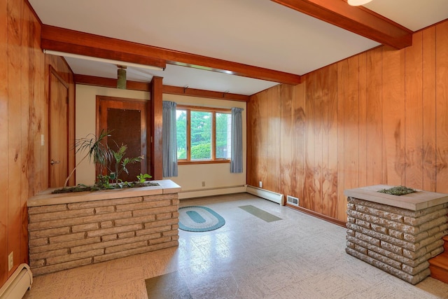 3180 Sitterley Rd NW, Canal Winchester, OH 43110 - entrance foyer with a baseboard heating unit, beamed ceiling, wood walls, and tile patterned floors