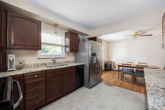 335 Letchworth Ave, Columbus, OH 43204 - kitchen with stainless steel fridge, dishwasher, range with electric stovetop, a ceiling fan, and dark brown cabinetry