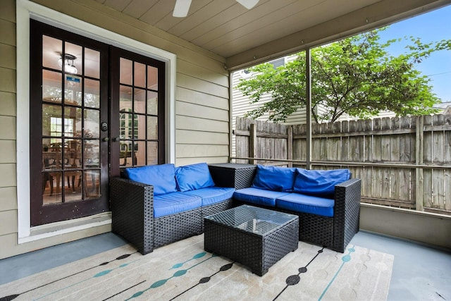 208 S Stanwood Rd, Bexley, OH 43209 - wooden terrace featuring french doors, an outdoor living space, and a ceiling fan