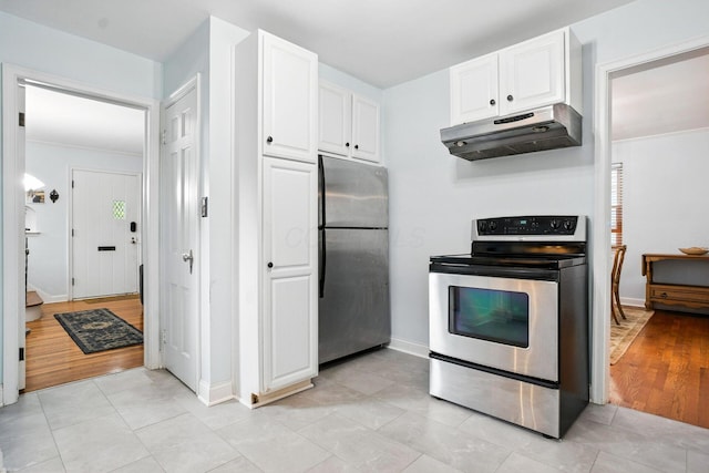 208 S Stanwood Rd, Bexley, OH 43209 - kitchen featuring appliances with stainless steel finishes, under cabinet range hood, white cabinetry, and light tile patterned floors