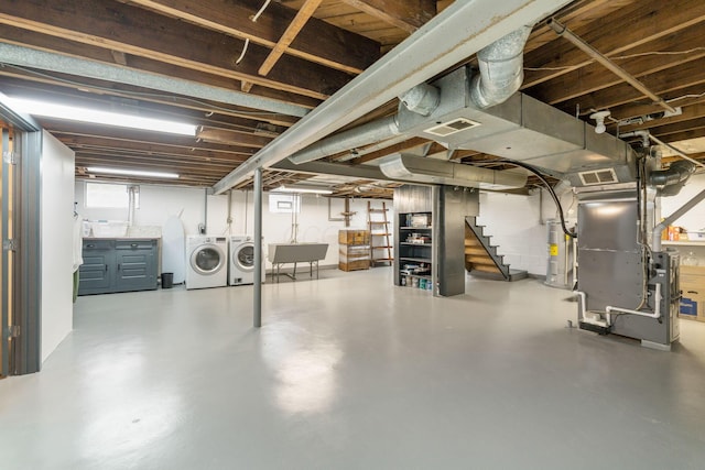 2222 Harwitch Rd, Columbus, OH 43221 - basement featuring washer and clothes dryer, heating unit, water heater, and stairway