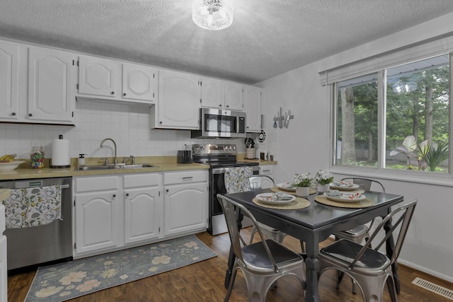 5252 Roche Pl, Columbus, OH 43229 - kitchen featuring stainless steel appliances, white cabinetry, a textured ceiling, and tasteful backsplash