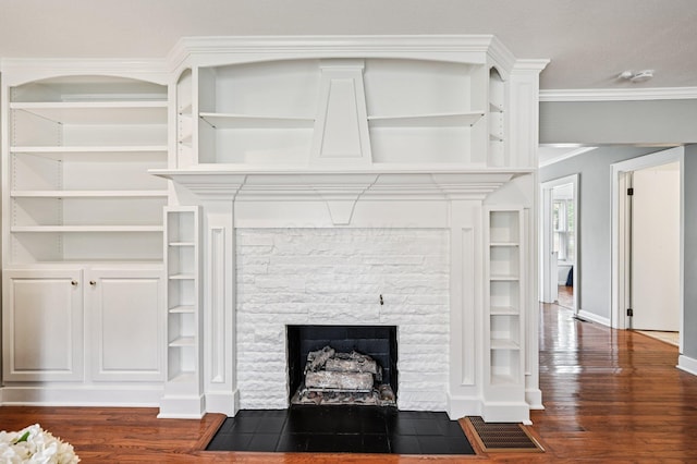 2361 Middlesex Rd, Upper Arlington, OH 43220 - living room featuring a fireplace with flush hearth, dark wood-style flooring, and ornamental molding