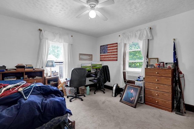 629 E Chestnut St, Lancaster, OH 43130 - bedroom featuring multiple windows, a textured ceiling, carpet flooring, an office area, and a ceiling fan
