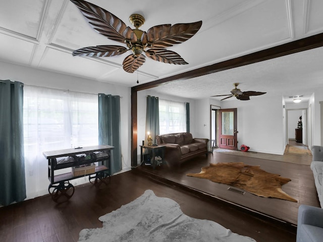 800 Spring Rd S, Westerville, OH 43081 - living room featuring ceiling fan, wood finished floors, and beamed ceiling