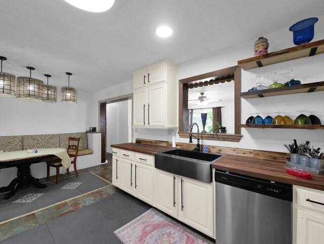 800 Spring Rd S, Westerville, OH 43081 - kitchen featuring wooden counters, dishwasher, open shelves, white cabinetry, and a ceiling fan