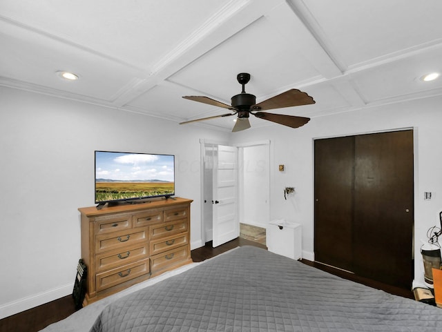 800 Spring Rd S, Westerville, OH 43081 - bedroom featuring coffered ceiling, dark wood finished floors, recessed lighting, beam ceiling, and ceiling fan