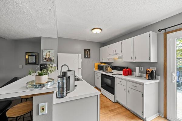 5153 Singleton Dr Unit 44B, Hilliard, OH 43026 - kitchen featuring white appliances, a textured ceiling, under cabinet range hood, light countertops, and light wood finished floors