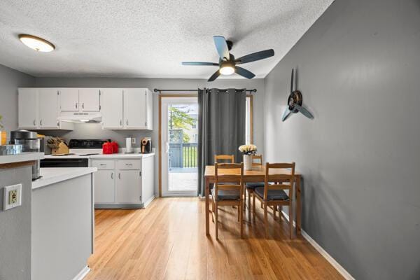 5153 Singleton Dr Unit 44B, Hilliard, OH 43026 - kitchen featuring under cabinet range hood, a textured ceiling, light wood-style floors, light countertops, and white electric stove