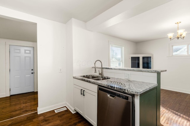 786 Ann St, Columbus, OH 43206 - kitchen with dishwasher, dark wood-style floors, a peninsula, and a chandelier