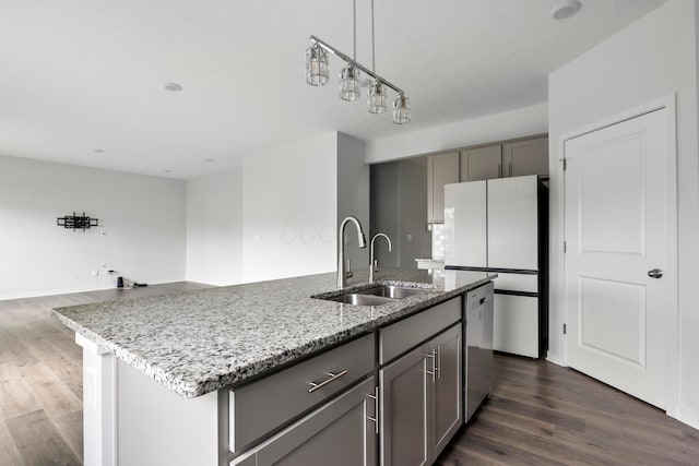 165 Norland Dr, Pickerington, OH 43147 - kitchen featuring gray cabinetry, dark wood-style floors, freestanding refrigerator, and stainless steel dishwasher
