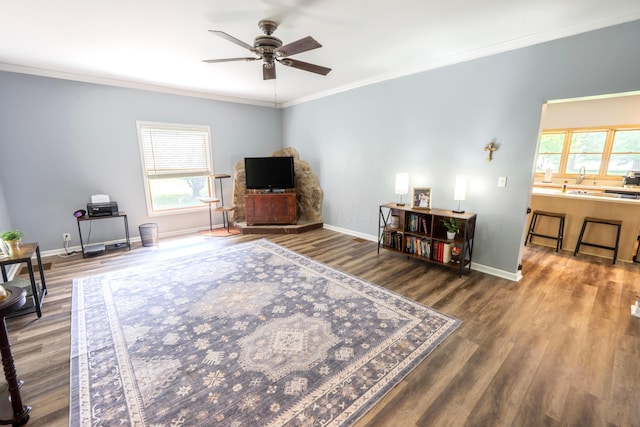 793 Waldo Fulton Rd, Waldo, OH 43356 - living room with plenty of natural light, a ceiling fan, wood finished floors, and crown molding