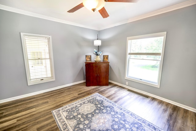 793 Waldo Fulton Rd, Waldo, OH 43356 - unfurnished room featuring a ceiling fan, wood finished floors, and crown molding
