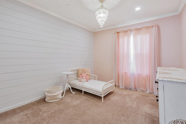 1439 Tall Meadows Dr, Columbus, OH 43223 - bedroom featuring light carpet, crown molding, and wood walls