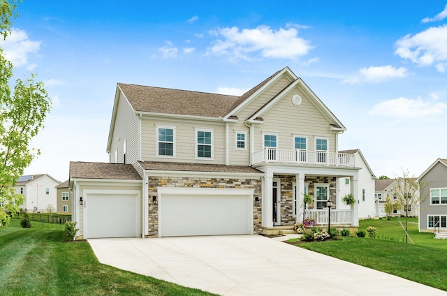 600 Courtright Dr E, Pickerington, OH 43147 - view of front facade featuring covered porch, a front lawn, driveway, an attached garage, and stone siding