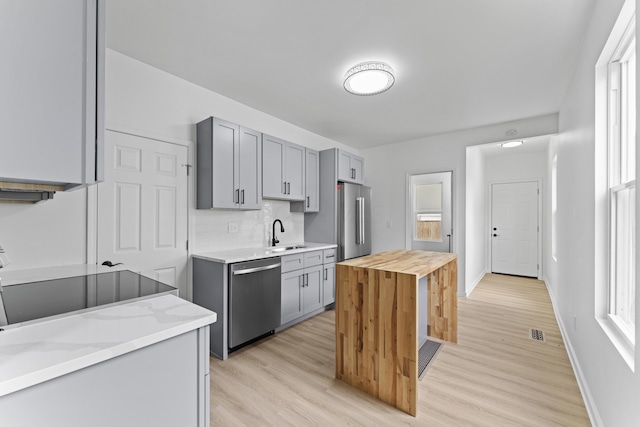 137 E Morrill Ave, Columbus, OH 43207 - kitchen featuring appliances with stainless steel finishes, gray cabinets, light wood-style floors, and wood counters