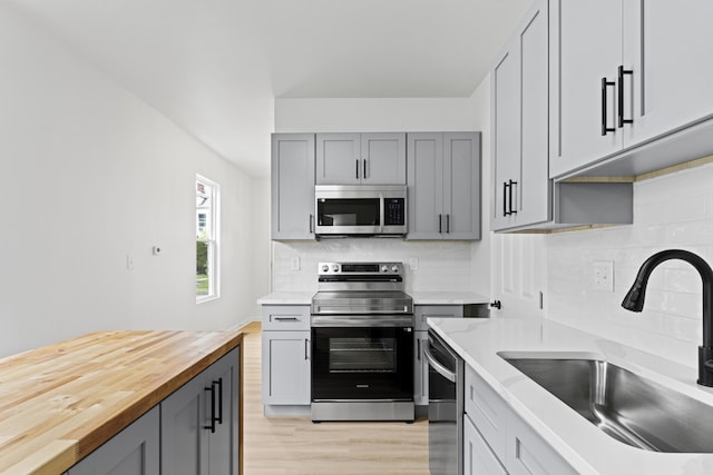 137 E Morrill Ave, Columbus, OH 43207 - kitchen featuring stainless steel appliances, light wood-type flooring, tasteful backsplash, and gray cabinets