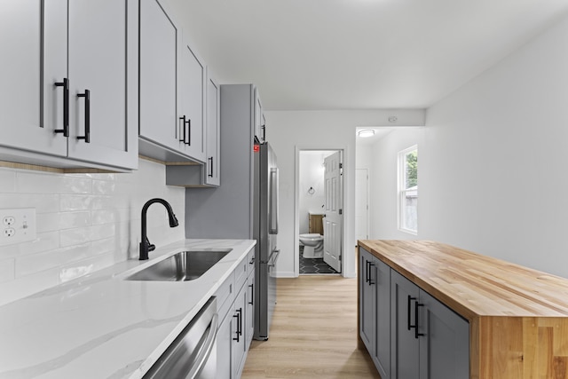 137 E Morrill Ave, Columbus, OH 43207 - kitchen featuring butcher block countertops, light wood-style flooring, backsplash, stainless steel appliances, and gray cabinetry