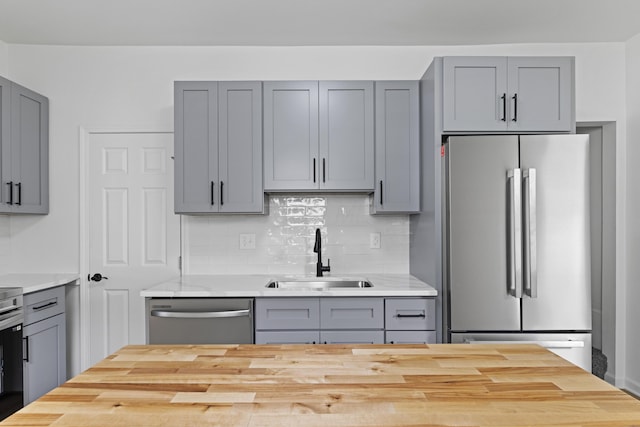 137 E Morrill Ave, Columbus, OH 43207 - kitchen featuring appliances with stainless steel finishes, gray cabinets, butcher block countertops, and tasteful backsplash
