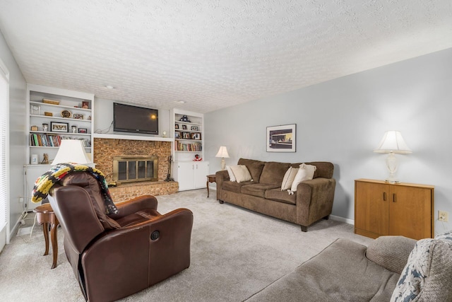 2740 Mitzi Dr, Columbus, OH 43209 - living room with light colored carpet, a textured ceiling, a fireplace, and built in features