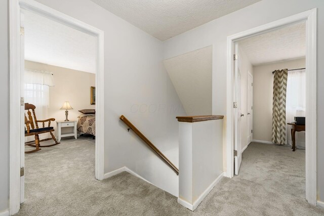 2740 Mitzi Dr, Columbus, OH 43209 - corridor featuring an upstairs landing, carpet, a textured ceiling, and plenty of natural light