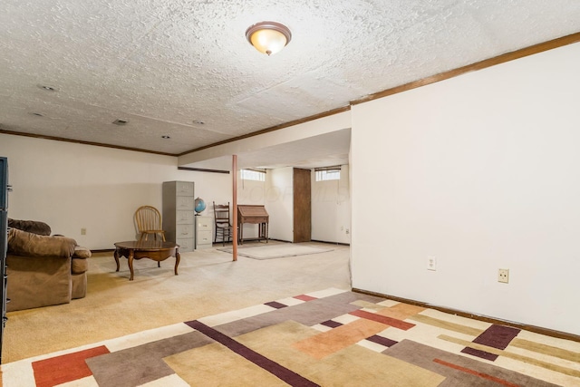 2740 Mitzi Dr, Columbus, OH 43209 - below grade area featuring crown molding, a textured ceiling, and light carpet