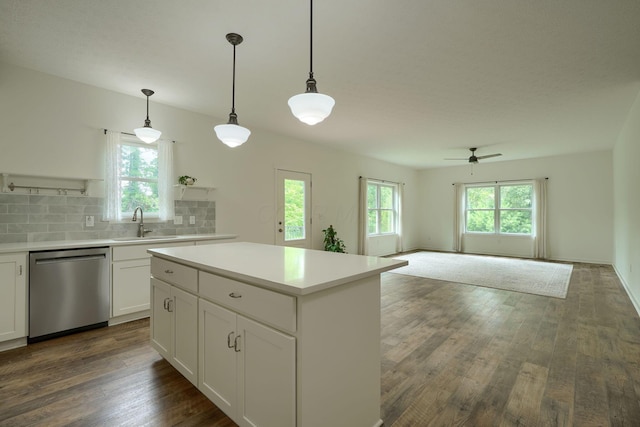 3663 Cedar Hill Rd NW, Canal Winchester, OH 43110 - kitchen with stainless steel dishwasher, dark wood finished floors, a ceiling fan, and plenty of natural light