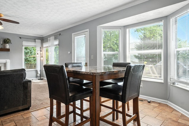 1126 Welwyn Dr, Westerville, OH 43081 - dining room featuring a ceiling fan, healthy amount of natural light, a textured ceiling, and ornamental molding
